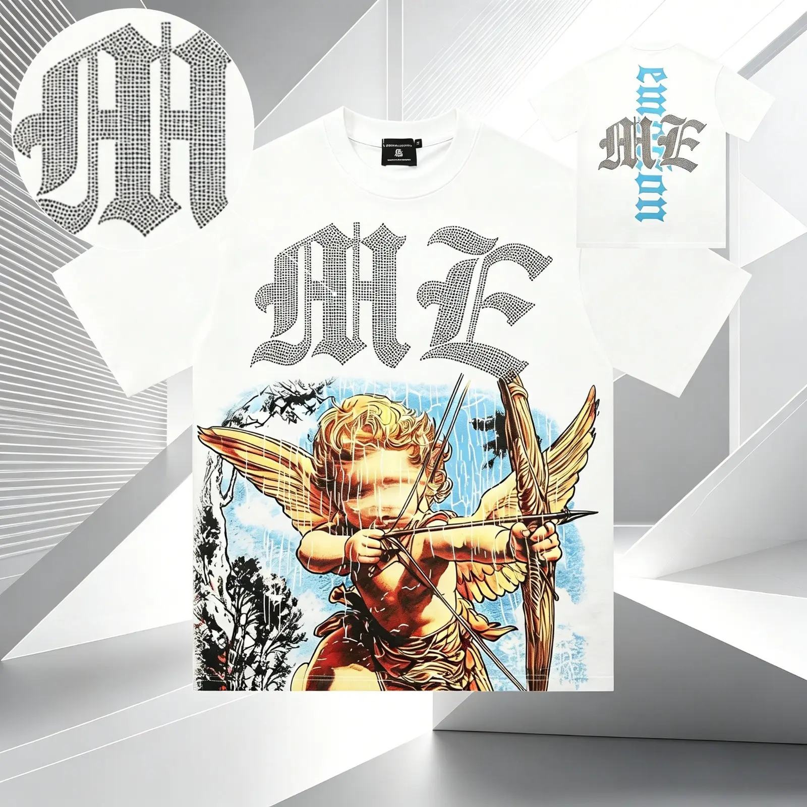 Men Women Life Hustlers Angel Archer Cupid Double Sided Rhinestone Graphic T Shirt No Days Off Hustle Vintage Y2K Streetwear Oversized 100% Cotton Tee Hip Hop Casual Unisex Top Summer Back To School Birthday Holiday Daily Wear Gift For Him Her TikTok Vira