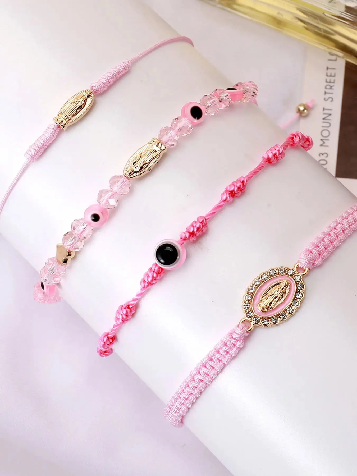 4pcs Braided Evil Eye Bracelets｜Heart Charm Beaded Jewelry Set for Women Girls｜Cross Virgin Mary San Judas String Bracelets Boho Bracelet Stack
