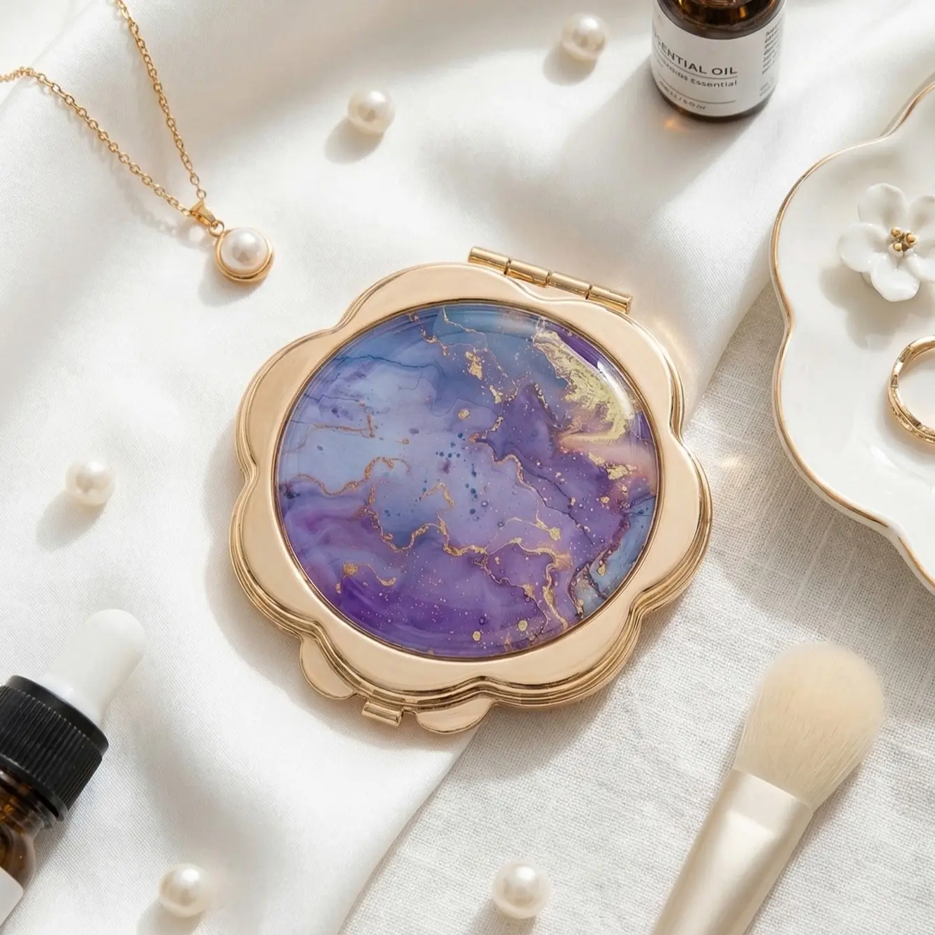 9 Color Options Petal Shape Metal Folding Makeup Mirror, Luxury Watercolor Gold Style, Marble Pattern, Dual Side HD Magnifying Mirror, Double Sided Mirror, Foldable Vanity Mirror