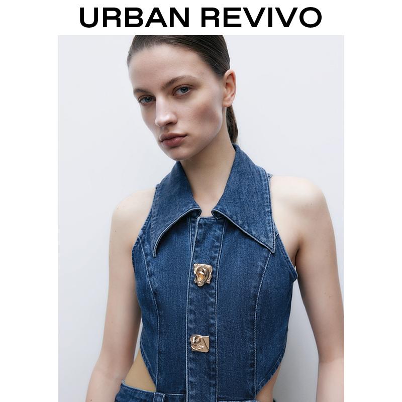 URBAN REVIVO Women's Casual Denim Dresses  Fashion Lapel Sleeveless Cut-Out Sides Slit with Big Pockets UWG850170
