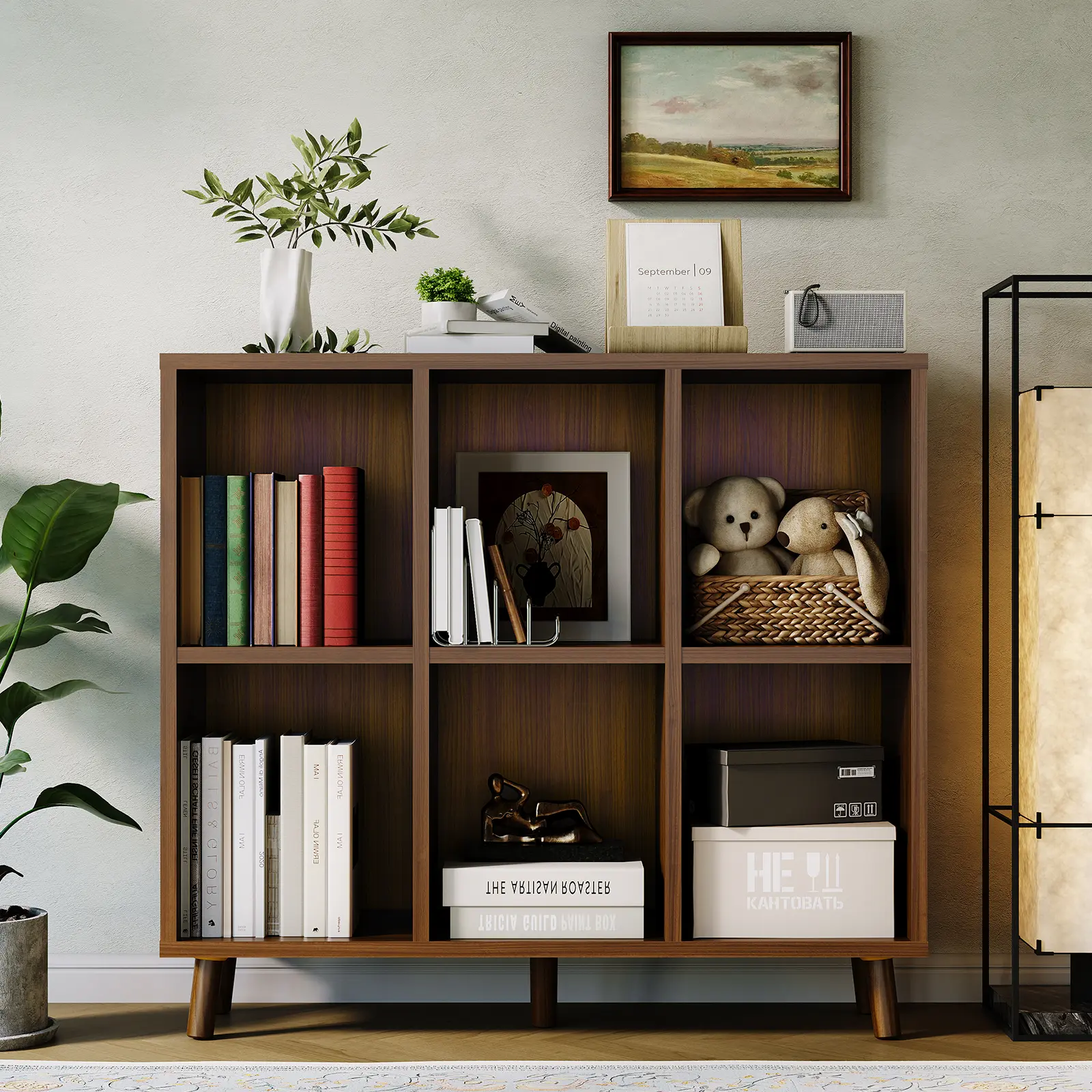 6 Tier Mid-Century Modern Bookshelf, Rustic Brown Wood Cube Storage Organizer with Wood & Anti-Tipping Legs, Retro Open Bookcase Display Shelf for Living Room, Home Office, Bedroom