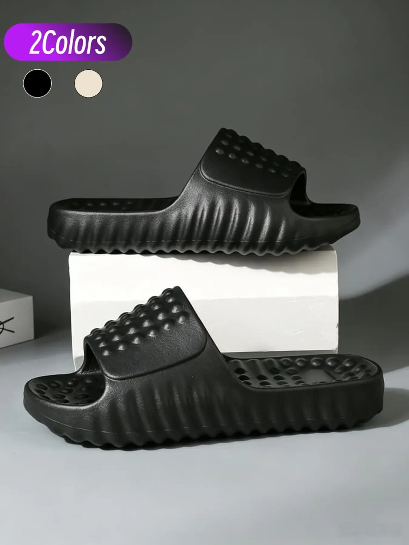 Unisex simple slides with massage upper one-piece elastic wavy thick sole comfy for shower home outdoor four seasons