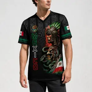 Breathable Mexico Graphic V-Neck Jersey for Men Women, Lightweight Aztec Eagle Print Shirt, Unisex Casual Streetwear Top for Party Outdoor Camping Hiking, Mexican Dad Gift, Graphic Tee, Summer Graphic Tees, Vintage Shirts, Jersey independence day gift