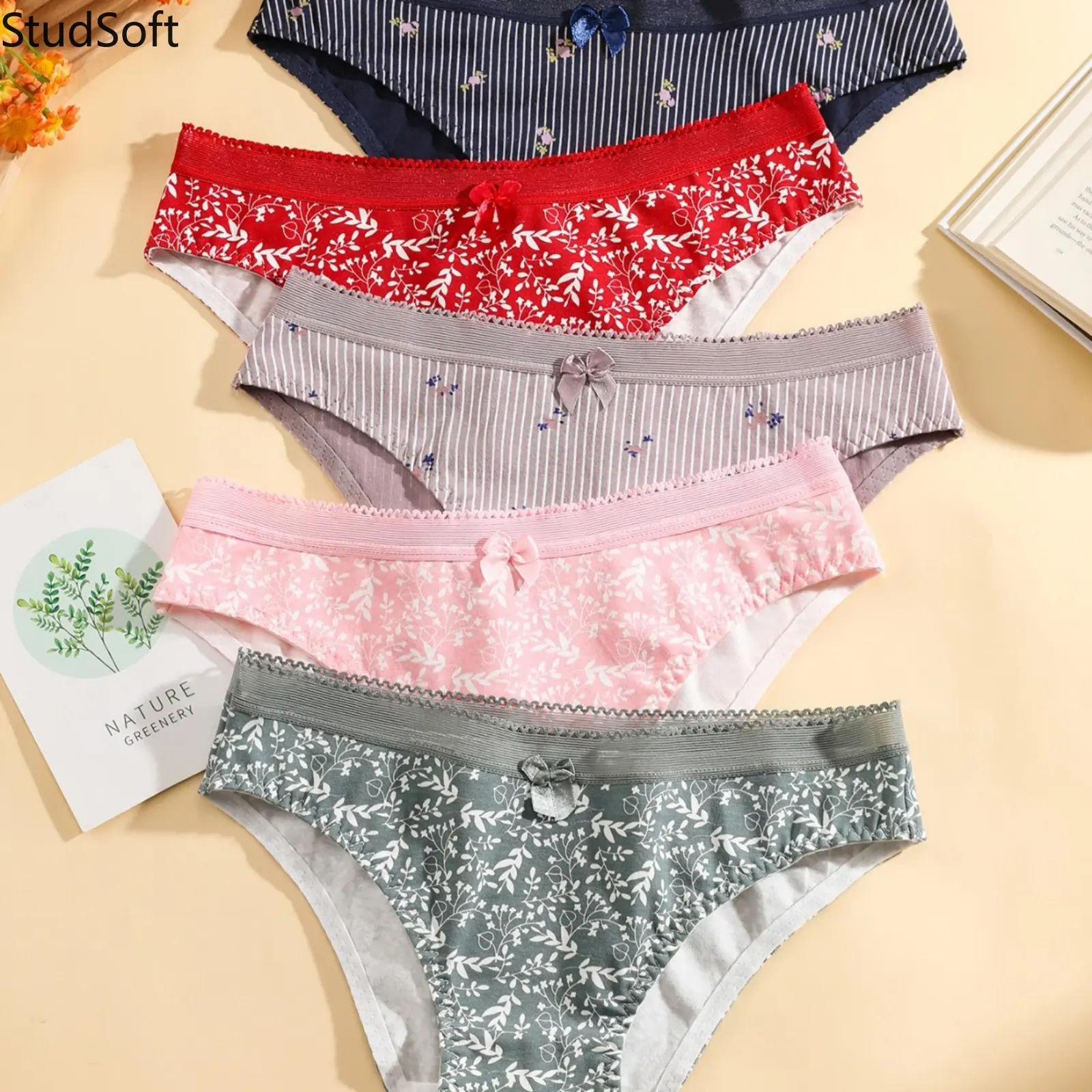 Cute Floral Panties for Women Soft Cotton Underwear 5 Pack Striped Breathable Low Rise Bikini Comfortable Daily Lingerie Briefs