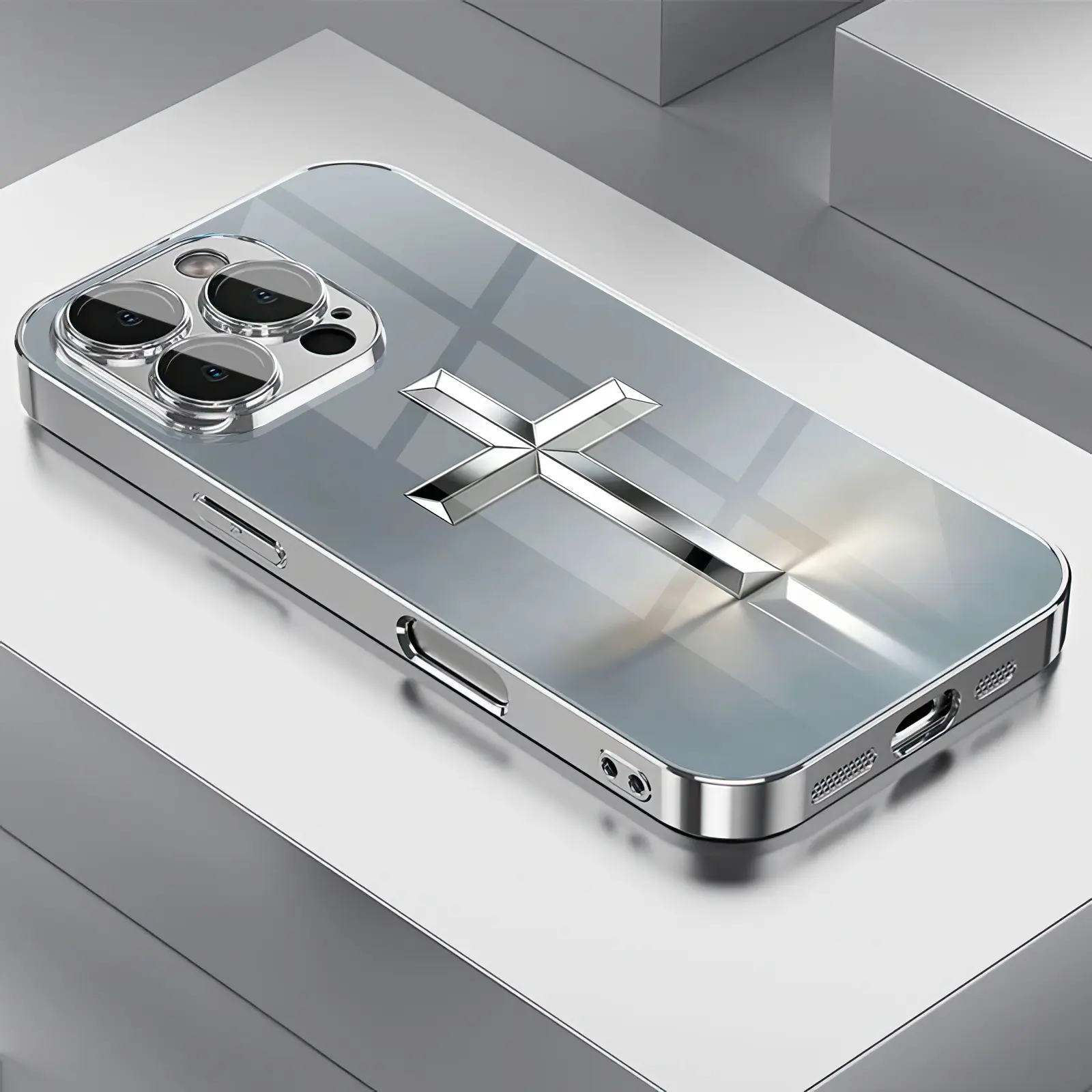 Minimalist Silver Cross Print 2D Pattern All-Inclusive Phone Case - Compatible with iPhone 17 Pro Max,16,15,14,13,12,11 & Samsung Galaxy S25 Ultra,S24,S23,S22,S21,S20,A Series - ZQ196, Accessories