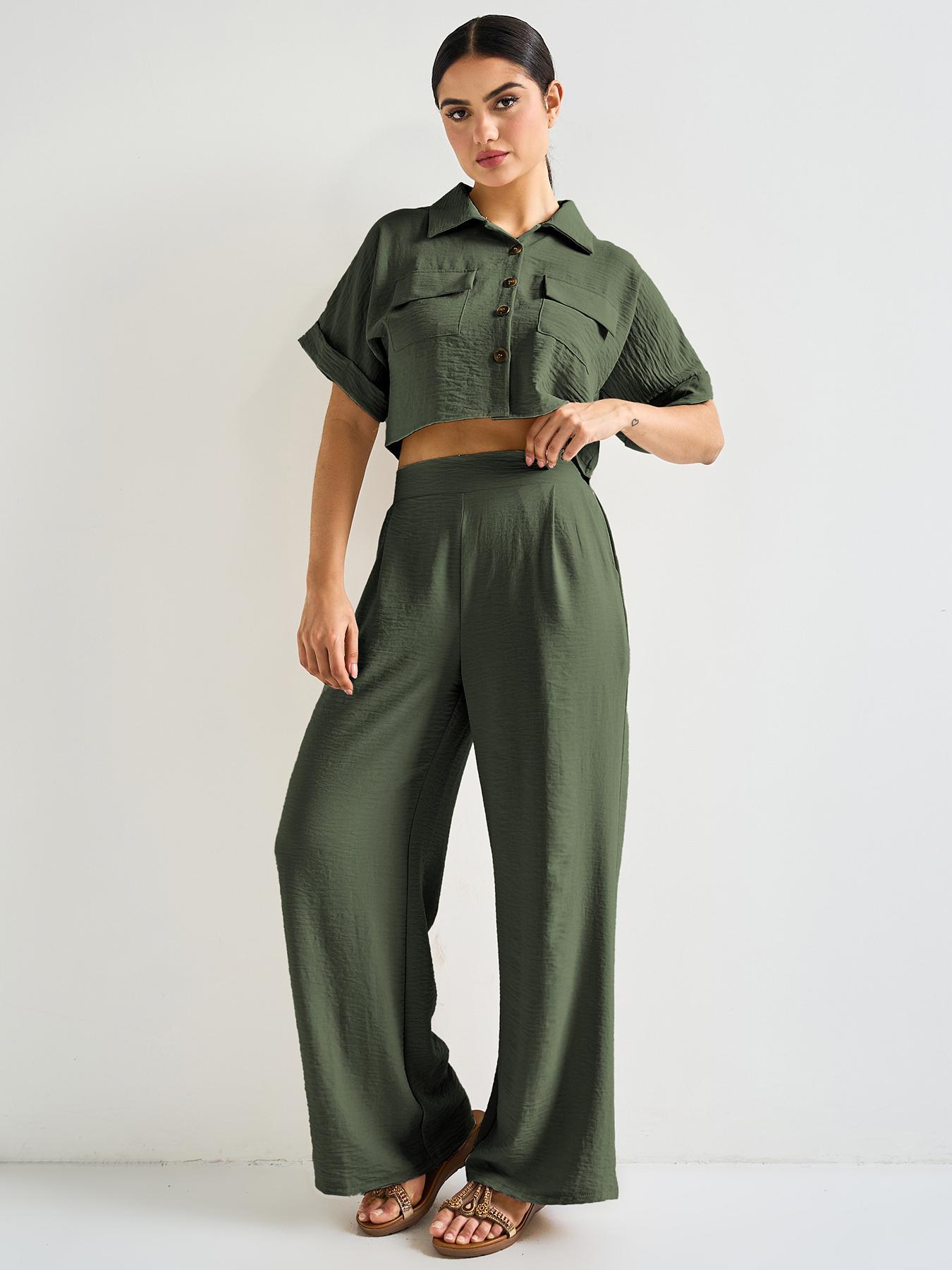 Women's Casual Loose-Fit Crop Top Set, Summer Woven Fabric, Moderate Thickness, Comfortable Fit, Perfect for Daily Wear, Casual Outfits Women