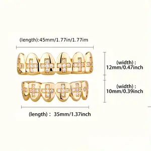 2pcs Set: Upper and Lower Braces with 6 Cross-set Synthetic Cubic Zirconiaia Stones, for Festive Outfits, Daily Wear, and Stage Performances