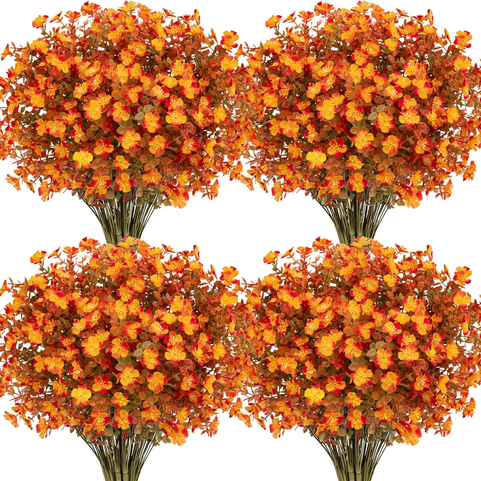 24 Bundles Artificial Silk Fall Flowers for Outdoors, Orange | Fake mums plants, faux greenery for indoor outside, autumn Thanksgiving garden porch window hanging planter table home decor