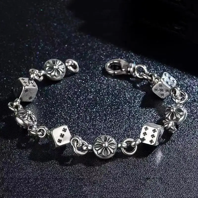 Vintage Cross Dice Charm Bracelet, Gothic Punk Style Bracelet with Cross Flower Pattern, Edgy Statement Jewelry for Men & Women