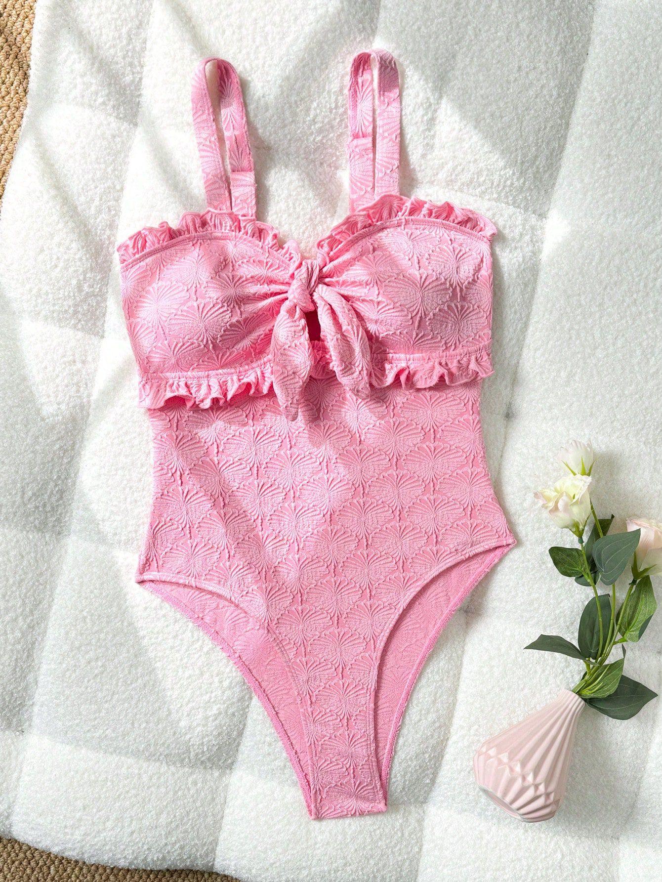 Cute & Feminine Pink One-Piece Swimsuit – Bow Tie & Ruffle Design