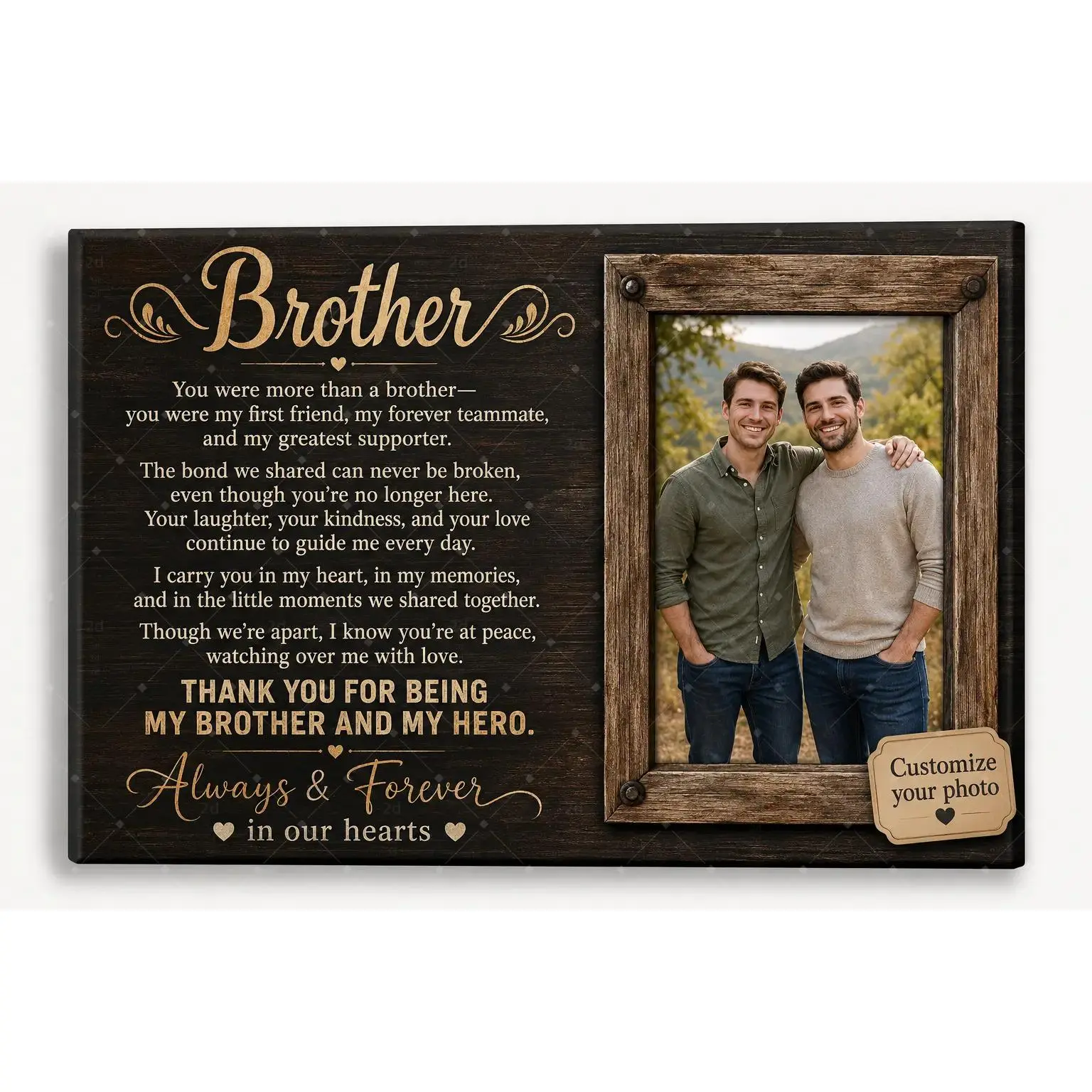 Personalized Brother Memorial Photo Canvas Wall Art, Custom Remembrance Poster Print, Rustic Wood Family Tribute Decor for Bedroom Living Room, Sympathy Gift Keepsake, Unframed Canvas Poster or Framed Canvas Wrap