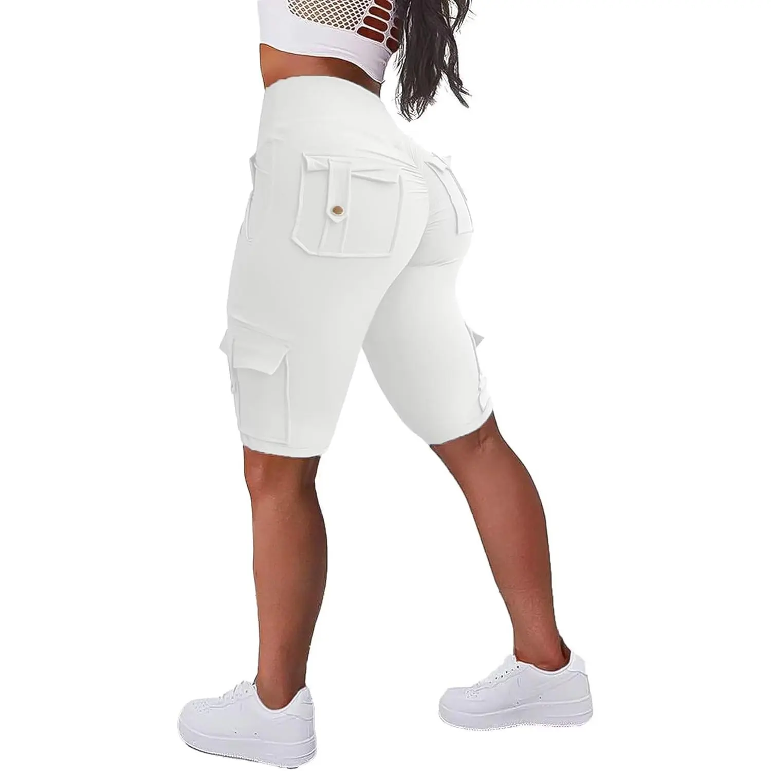 Flamingals Biker Capris Leggings for Women High Waist Cargo Athletic Capris Butt Lifting Workout Yoga Leggings White 2XL