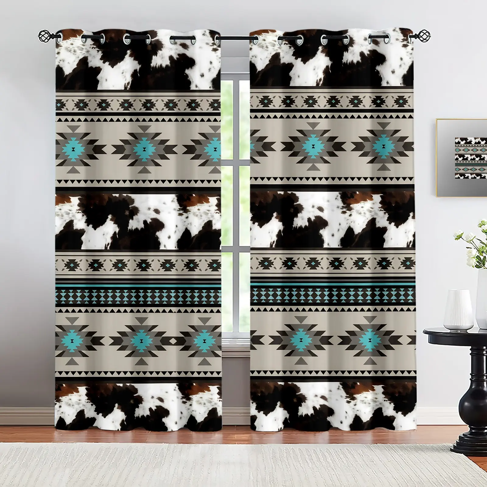2 Panels Western Cowhide Curtains, Brown Cow Print Curtains, Exotic Aztec Window Curtains, Farm Animals Bull Cattle Hide Living Cowboys Gifts for Women, Home Decoration Curtain, Interior Decoration Accessories