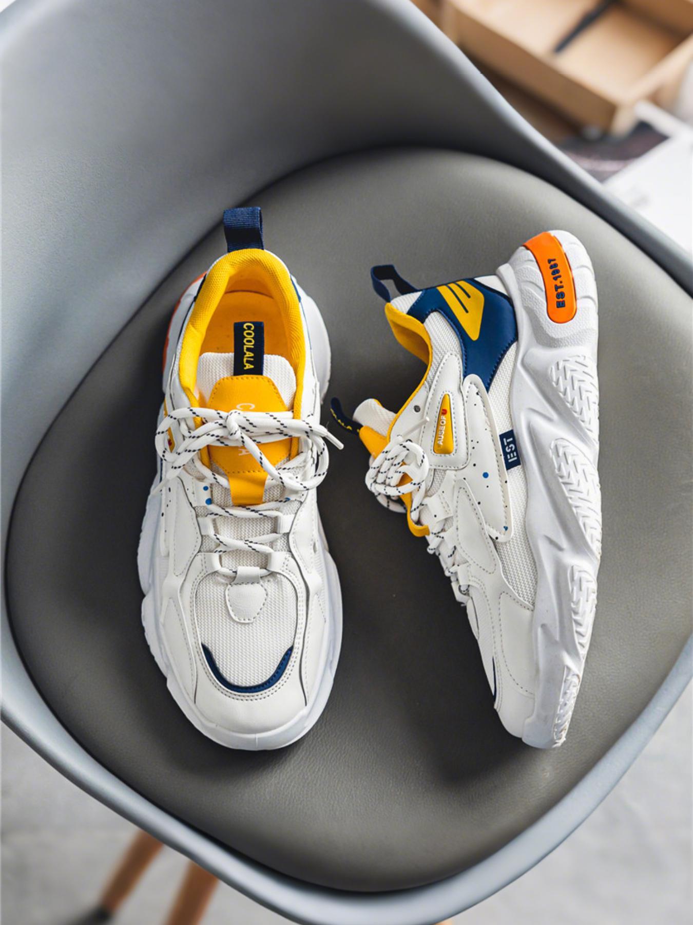 Men's Letter& Number Patched Design Lace Up Running Shoes, Casual Breathable Comfortable Sports Shoes, Male All-match Round Toe Chunky Sneakers for Daily Life, Athletic Running Shoes