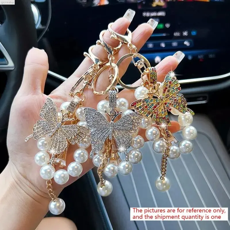 Butterfly Pearl Rhinestone Keychain – Y2K TikTok Viral Bag Charm, Sparkly Butterfly Keyring for Purse, Backpack & Car Mirror Decor, Aesthetic Cute Accessory, Gift for Her, Women Girls, Friends & Family Birthday Holiday