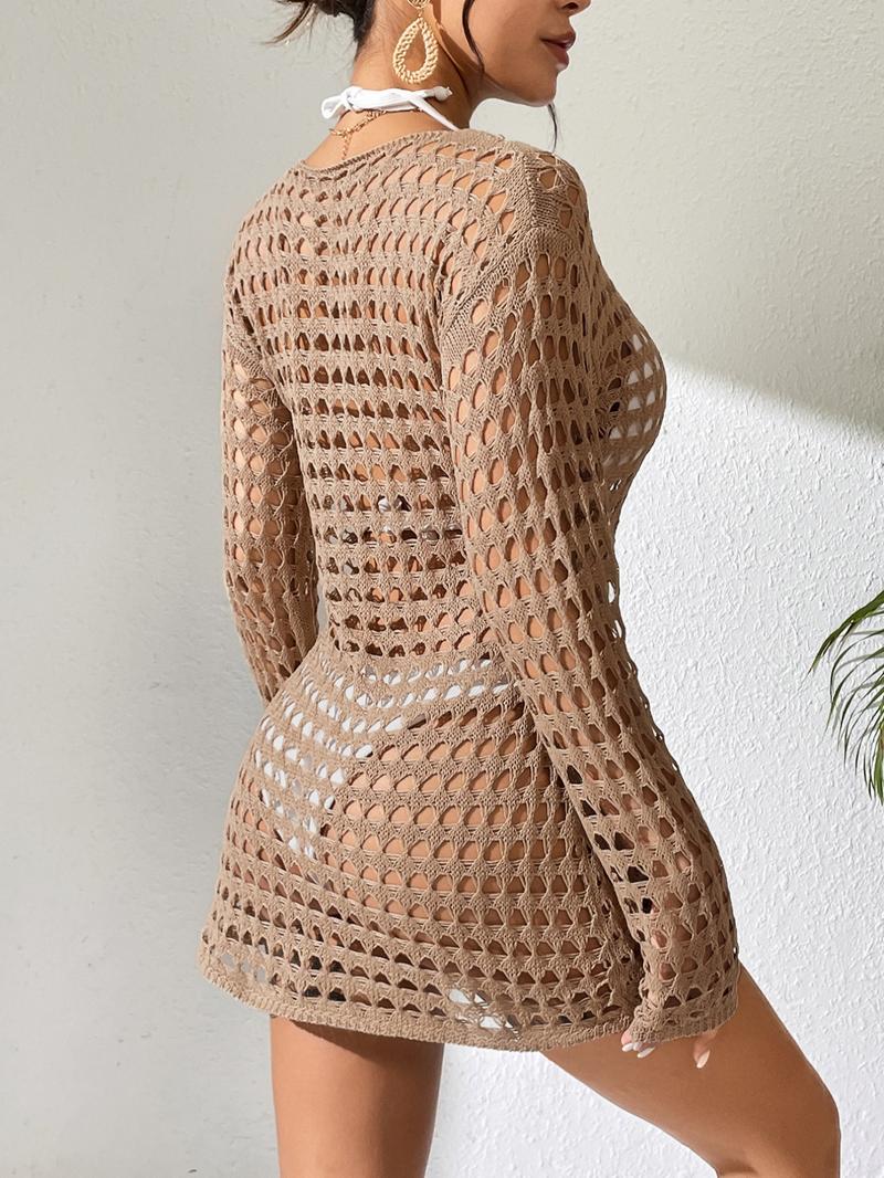 Women's Hollow Out Sheer Cover Up, Casual Drop Shoulder Long Sleeve Cover Up, Dresses Summer, Summer Clothes 2025, Swimsuit Cover Ups, Beach Outdoor Wear, Swimwear Cover Up, Crochet Coverups