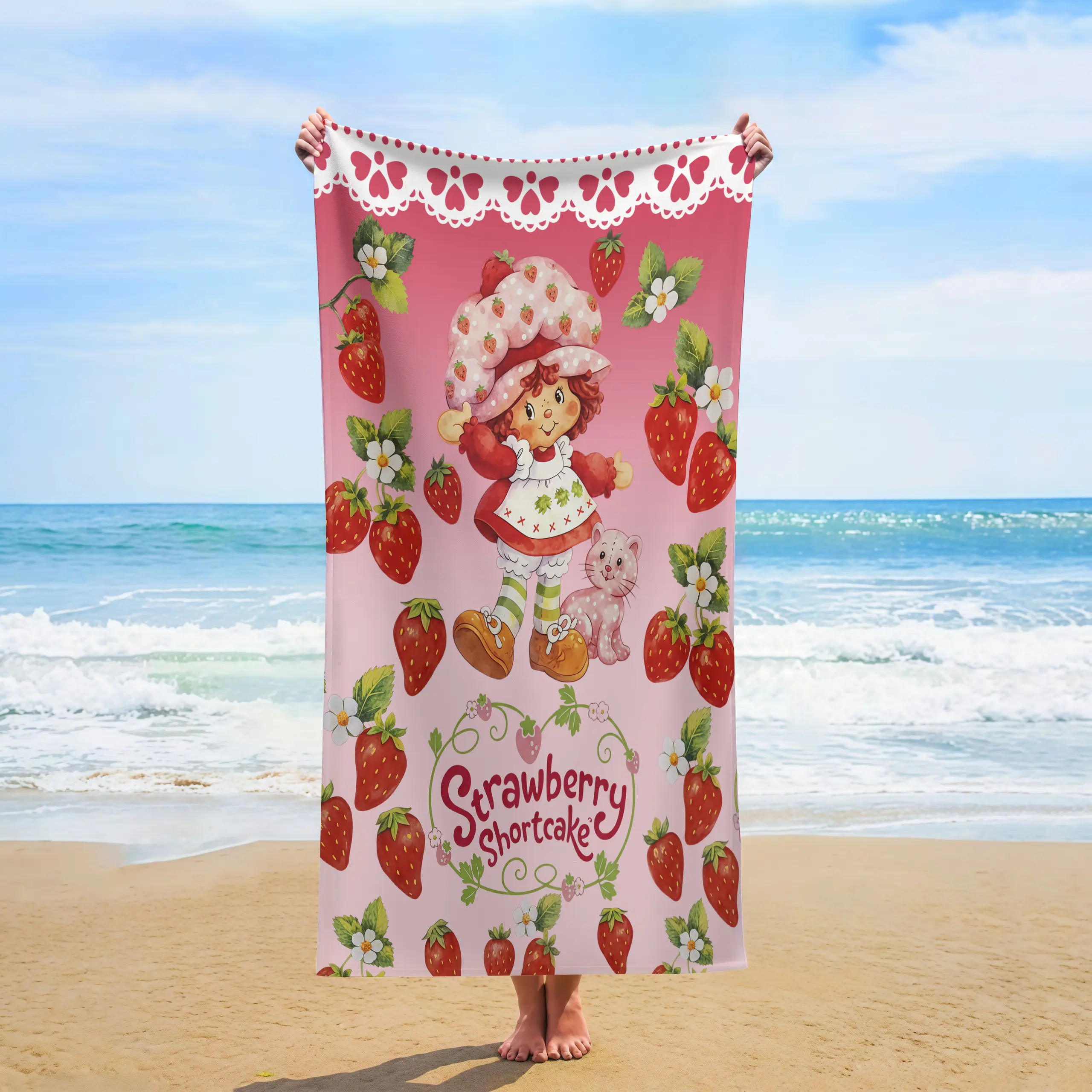 Vintage Strawberry Shortcake Beach Towel, Cute Pink Retro Cartoon Cat Strawberry Lace Print Quick Dry Swimming Towel,Large Lightweight Pool Lake Towel For Summer Vacation Teen Girls Kids Beach Trip