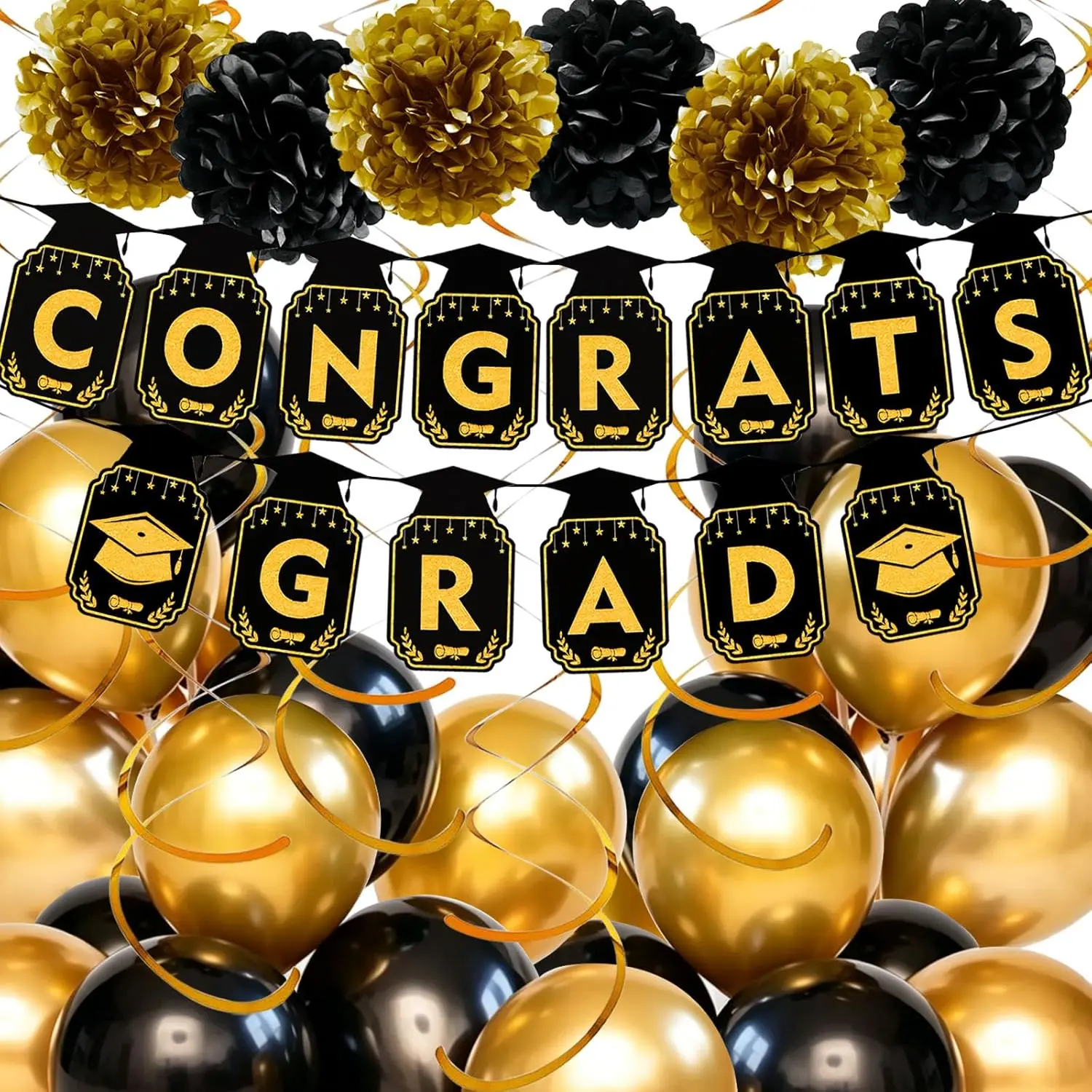 Congrats Grad Banner for Graduation Decorations 2026, Congratulations Banner, Black and  Balloons for Grad Decorations with Paper ,  Swirls