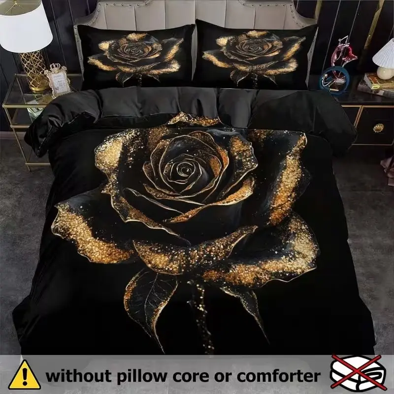 Gold Rose Print Bedding Set, 1 Duvet Cover + 2 Pillowcases, High-Definition Printing, Home & Dormitory Bed Linen