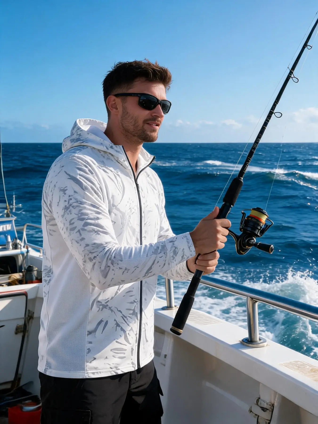 Men's Fish Print Sporty Fitted Jersey, Long Sleeve Breathable Summer Outdoor Clothing, Men's Fishing Apparel, No Button, with Collar