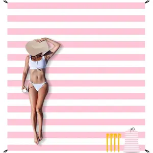 Pink Stripe Beach Blanket Sandproof Waterproof, Extra Large 78''×86'' Beach Mat for 1-4 Adults with Stakes and Sand Pocket, Compact Lightweight Sand Free Picnic Mat Beach Essential(Gift)