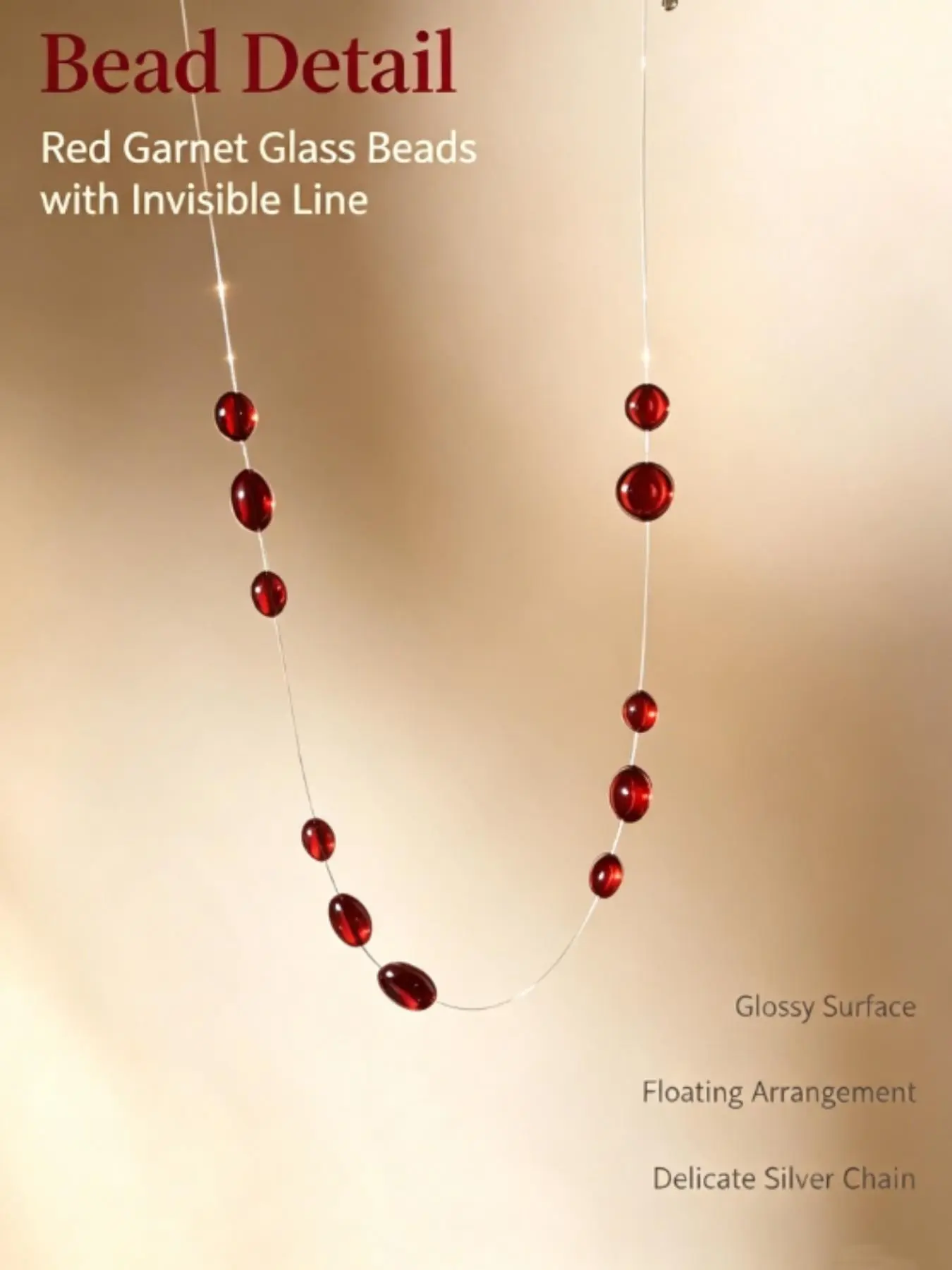 Invisible Fishline Beaded Necklace, Transparent Glass Water Drop Round Beads, Unisex Boho Style, Colorless & Wine Options