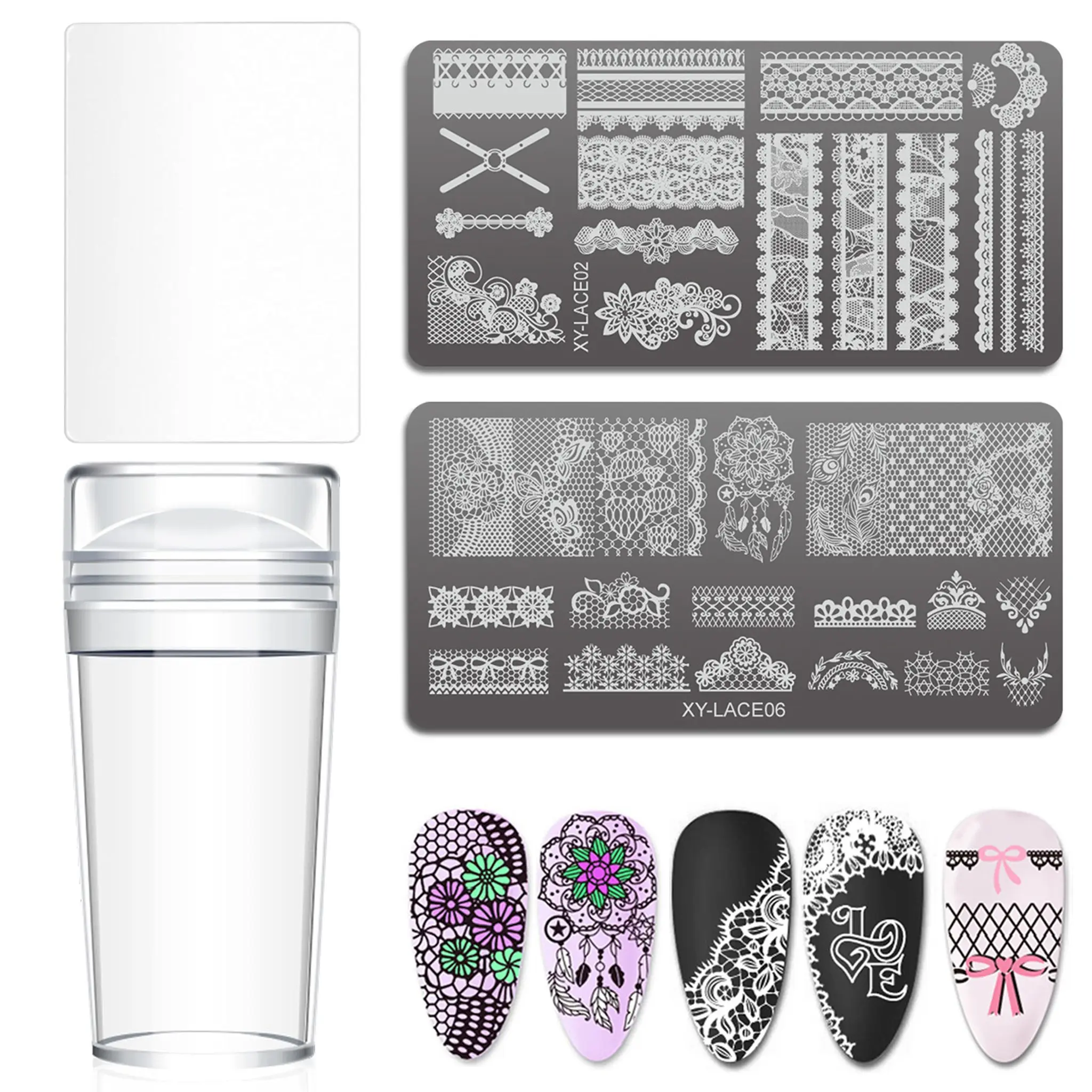 Nail Stamper Kit with Scraper & Stamping Plates, Silicone French Tip Nail Stamp Tool, Transparent Nail Art Stamper Set with Bow Lace Stencils for DIY Home Manicure & Salon Nail Design