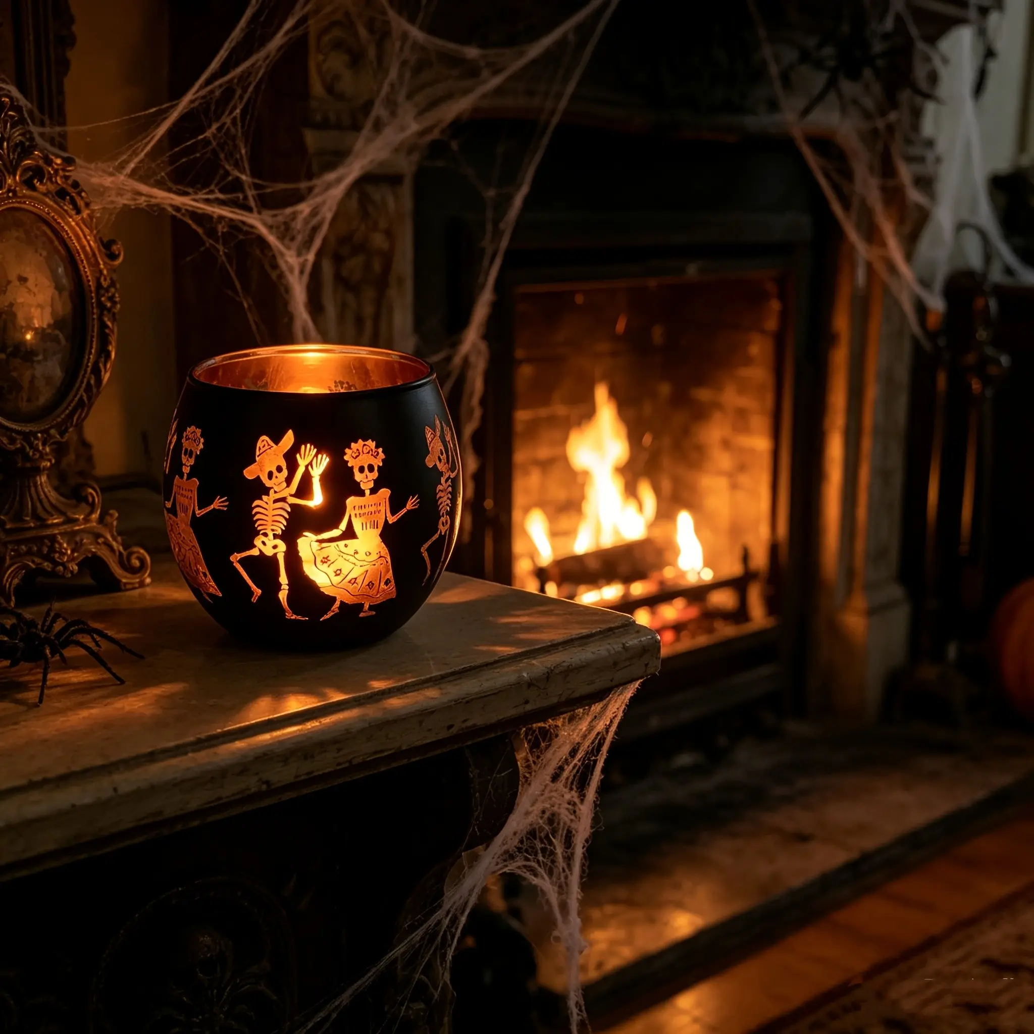 Halloween Skeleton Candle Holder, Glass Material, Sugar Skull & Floral Design, Perfect for Haunted House, Wedding, Christmas, Easter, Thanksgiving