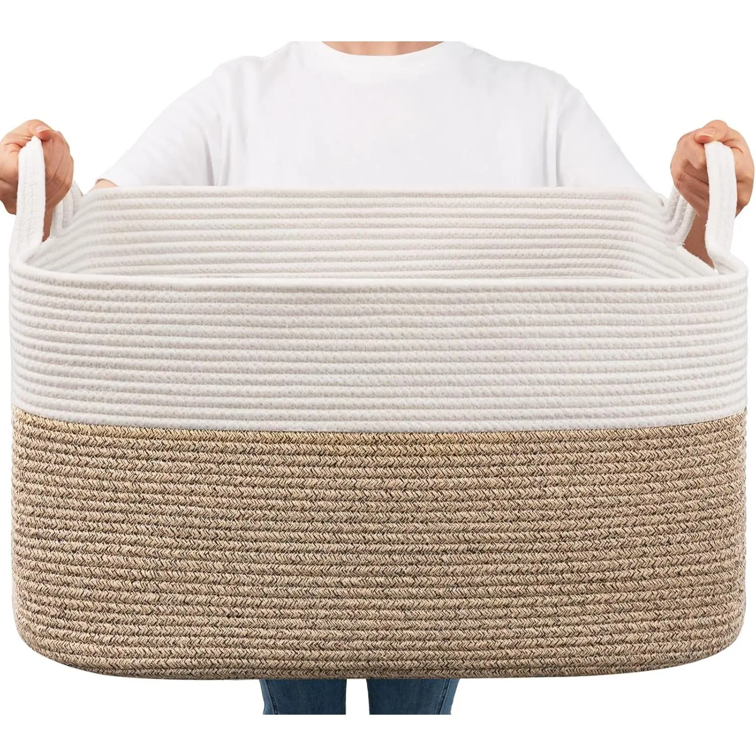 Large Woven Blanket Basket, 21.6" x 14.9" x 11.8" Storage Baskets for Organizing, Rectangle Cotton Rope Toy Basket for Living Room, Bedroom, White & Brown