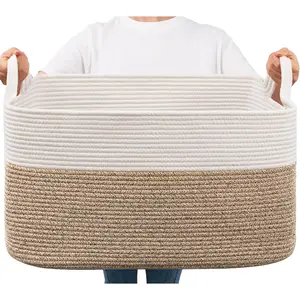 Large Woven Blanket Basket, 21.6" x 14.9" x 11.8" Storage Baskets for Organizing, Rectangle Cotton Rope Toy Basket for Living Room, Bedroom, White & Brown
