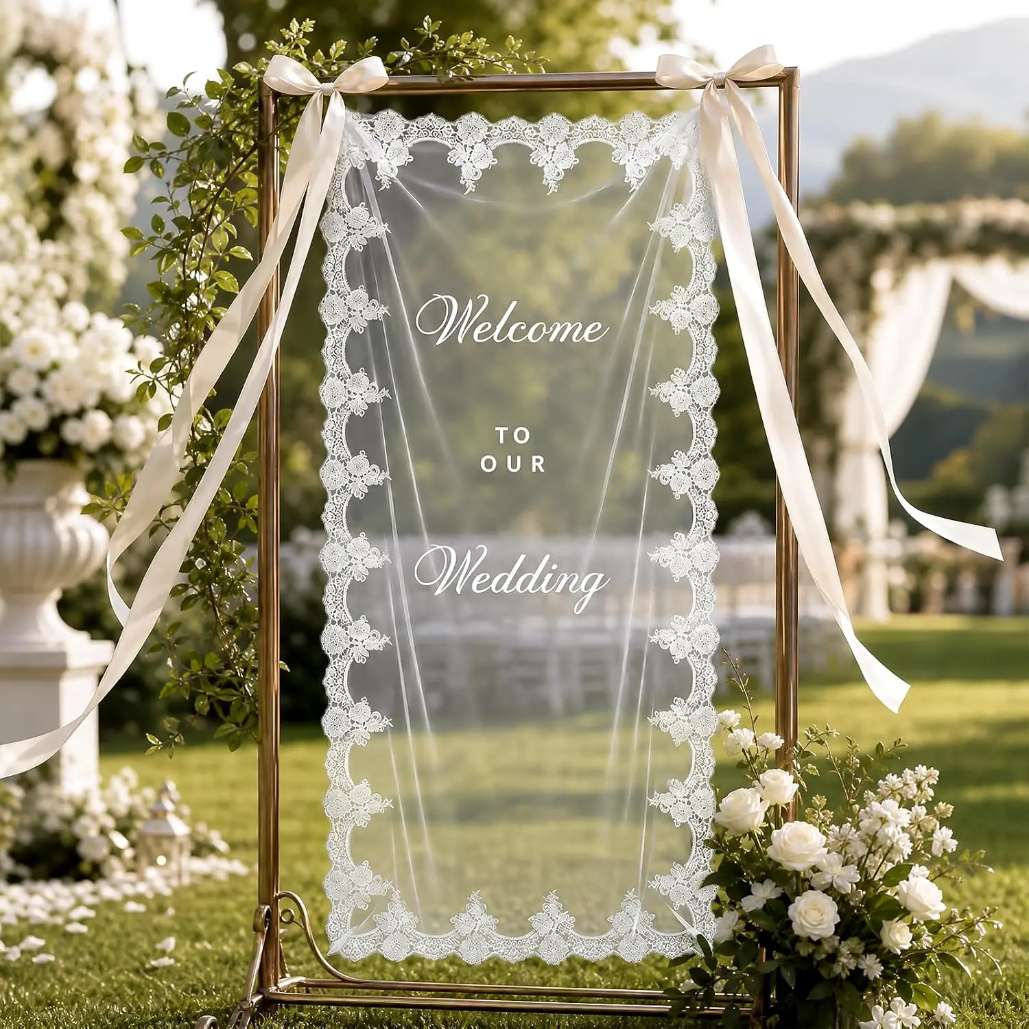 150x60cm Large Sheer Lace Wedding Welcome Banner Sign with Ribbon| Sheer Tulle Welcome Signs for Wedding Entrance Decor, Ceremony Reception Bridal Shower Engagement Party Outdoor, 60x24inch