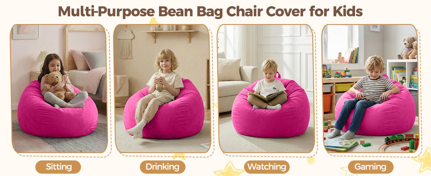 Stuffed Animal Storage Bean Bag Chair Cover – Soft Velvet Kids Beanbag with Handle, Machine Washable (No Filler). Hot Pink Organizer for Living Room, Bedroom & Dorm. Comfy & Functional.
