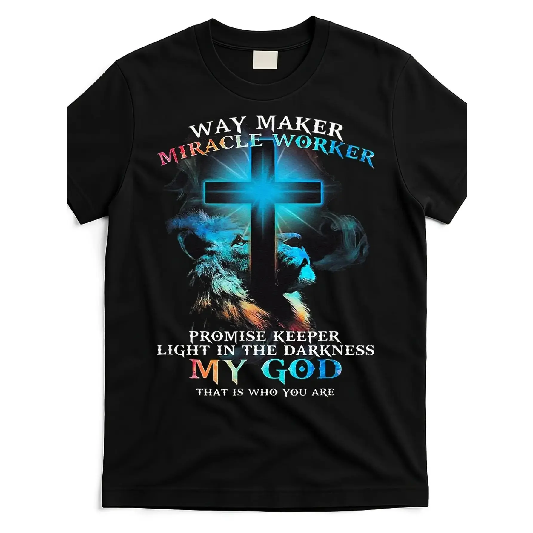 Retro Christian Graphic T-Shirt - Way Maker Miracle Worker Jesus Lion Design with Inspirational Scripture Quotes, Black Comfortable Round Neck Short Sleeve Tee