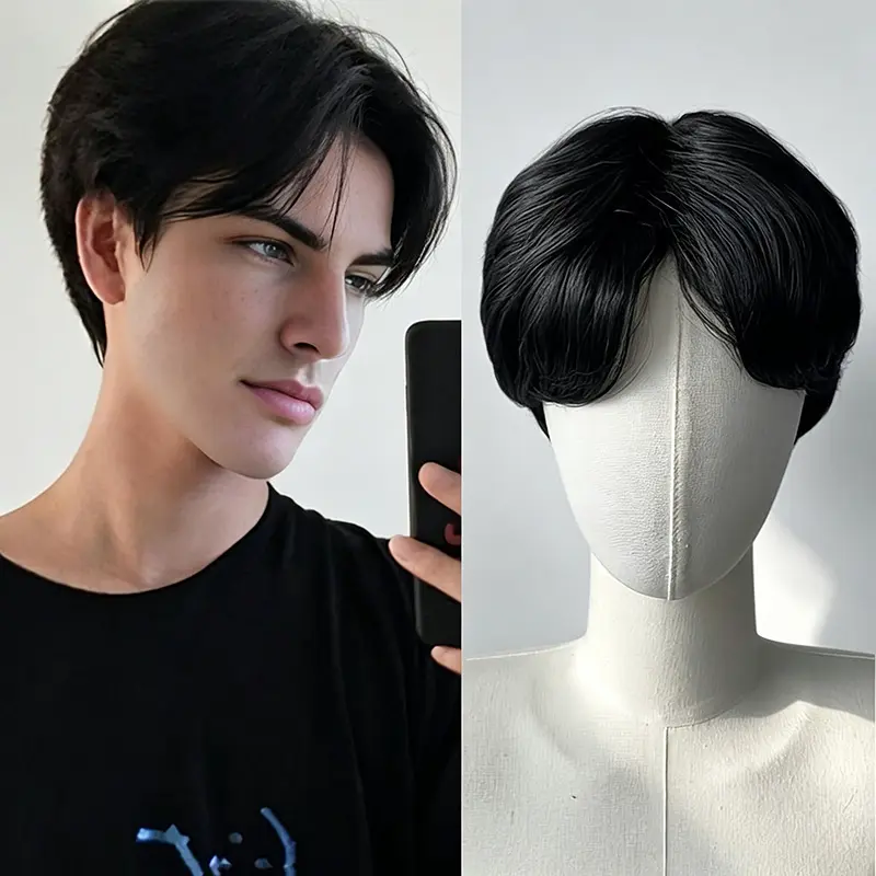 Men's Natural Straight Wig - Matte Black Brown with Elastic Mesh Cap for a Secure Fit, Suitable for Cosplay, Theatrical Performances, and Everyday Use - Compatible with All Light Beige Shades - Specially Crafted in Europe, Easy-to-Wear Wig for Beginners