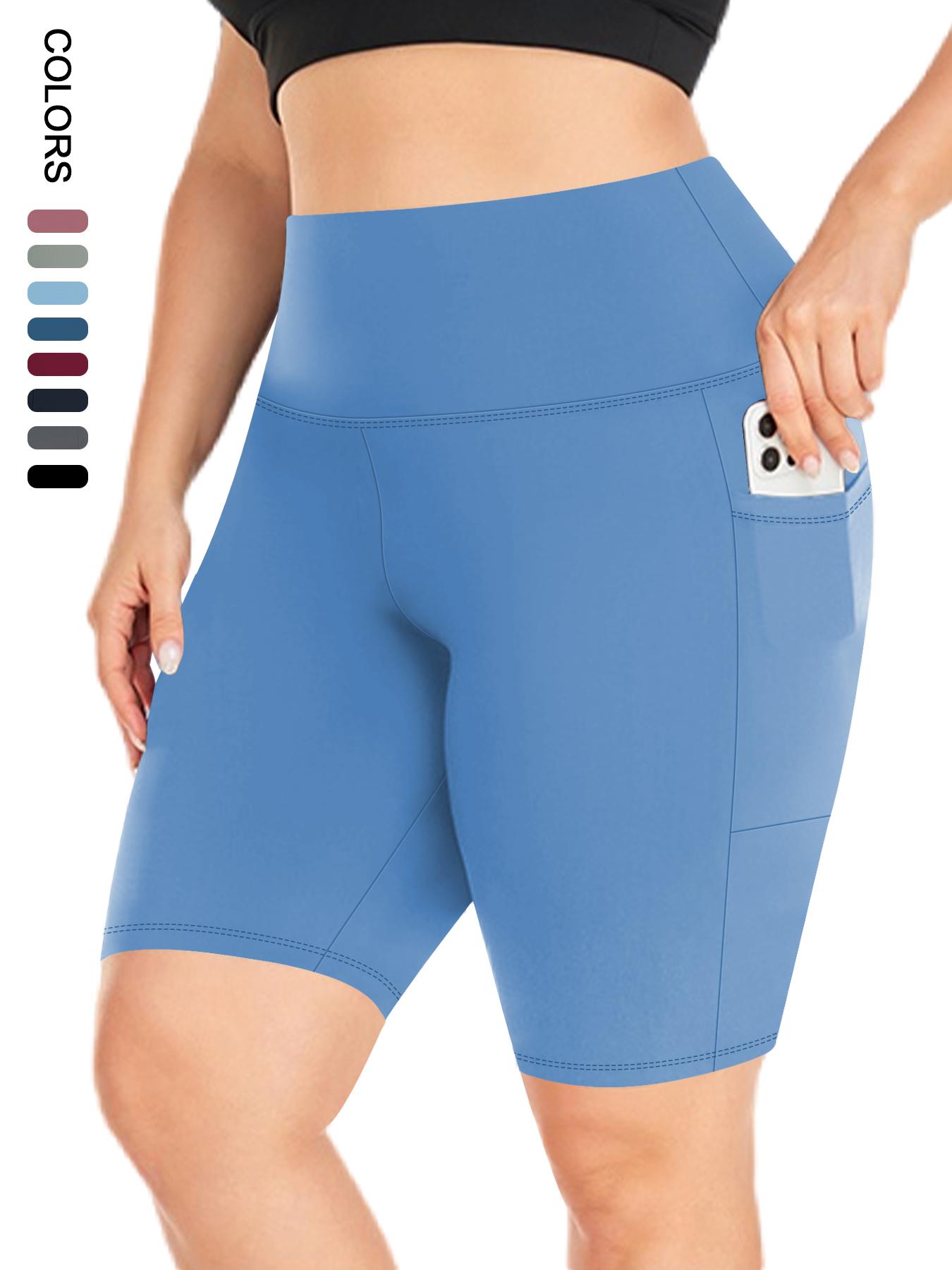 Plus Size Plain High Waist Convenient Pockets Design Skinny Shorts, Activewear Shorts, Casual Comfy Breathable High Stretch Seamless Shorts for Daily Outdoor Sport, Women's Bottoms for Summer