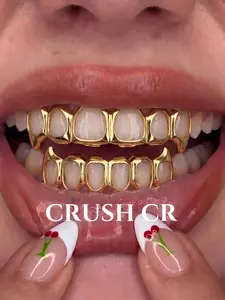CRUSH CR Gothic Openwork Fang Grillz for Men & Women, Gold/Silver Plated Full Set Teeth Caps, Dark Vampire Vibe for Alt Outfits, Festivals, Raves & Edgy Looks
