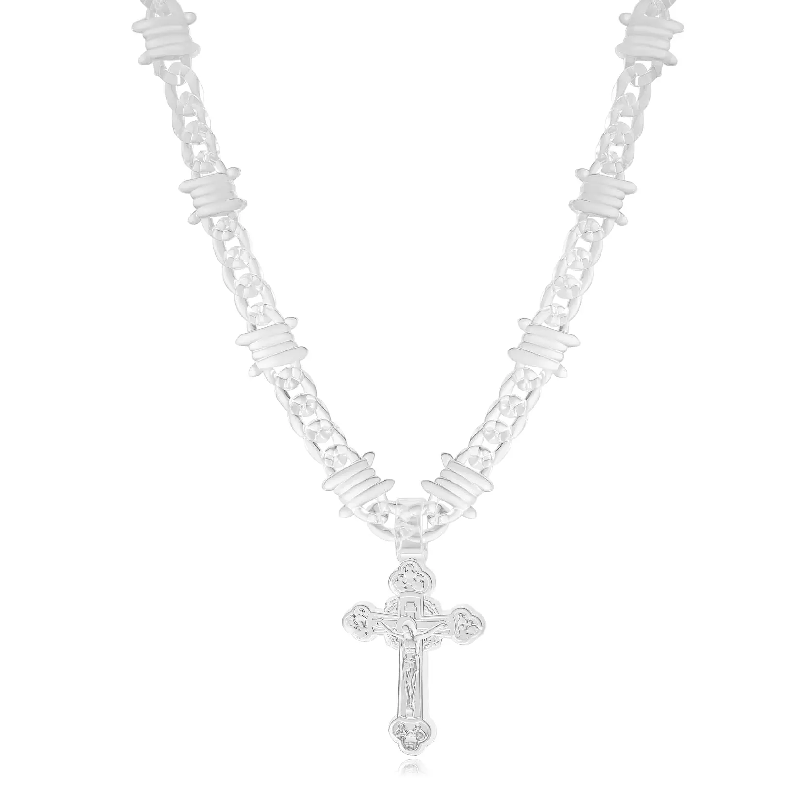 HZMAN Clear Acrylic Jesus Cross Pendant Necklace, Hip Hop Barbed Wire Cuban Link Chain, Lightweight Hypoallergenic Rapper Necklace