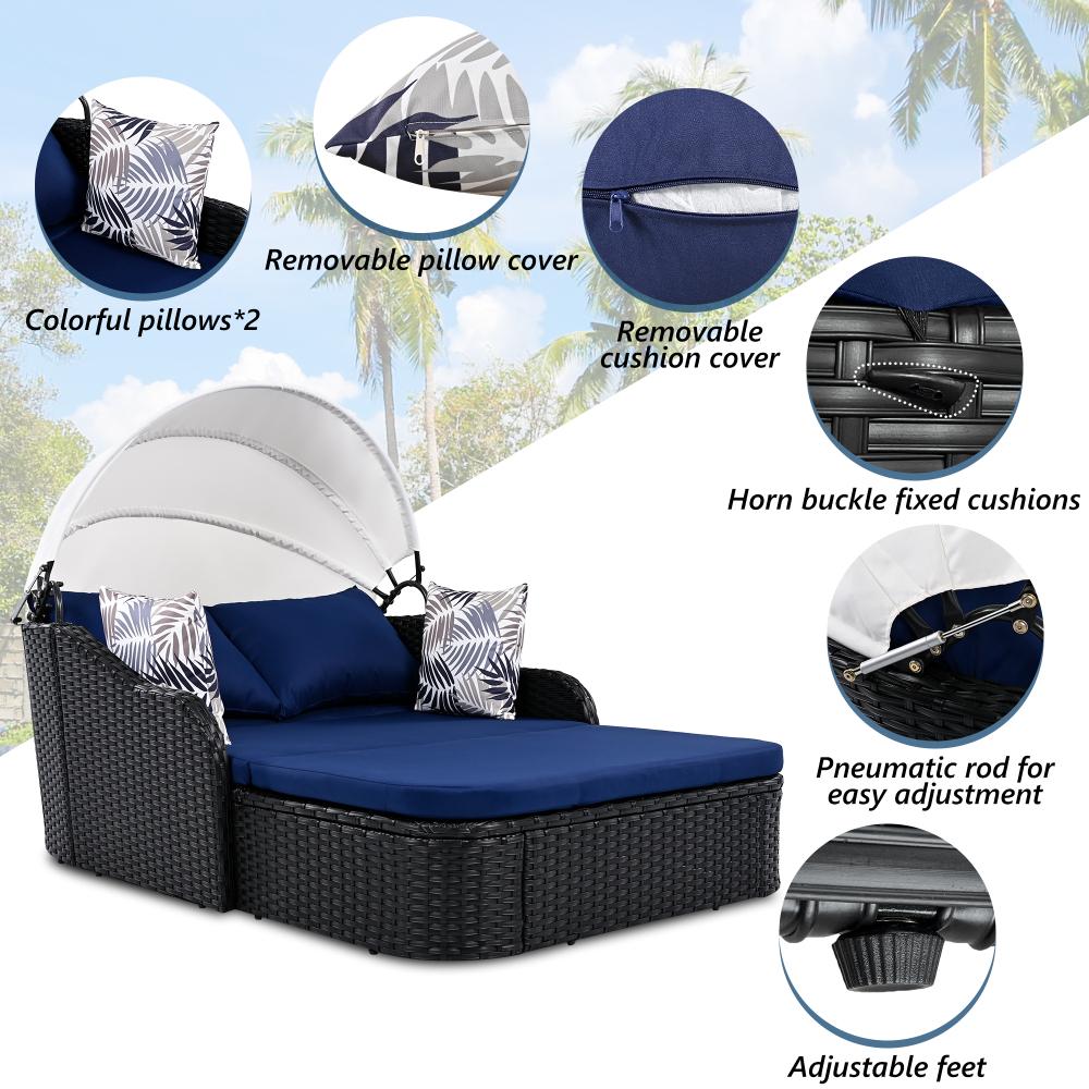 79.9" Outdoor Sunbed with Adjustable Canopy, Double lounge, PE Rattan Daybed, Black Wicker and Blue Cushion