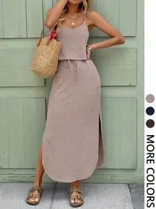 Women's Casual 2-Piece Set, Sleeveless Halter Top and Drawstring Midi Skirt, Slim-Fitting Plain Design, Versatile Everyday