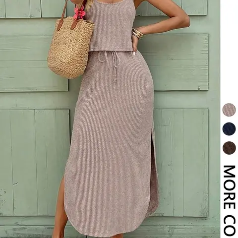 Women's Casual Chic Solid Color 2-Piece Set Outfit, Sleeveless Top and Adjustable Drawstring Long Skirt, Slim-Fitting, Versatile Everyday Wear