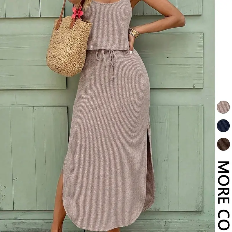Women's Casual Chic Solid Color 2-Piece Set Outfit, Sleeveless Top and Adjustable Drawstring Long Skirt, Slim-Fitting, Versatile Everyday Wear