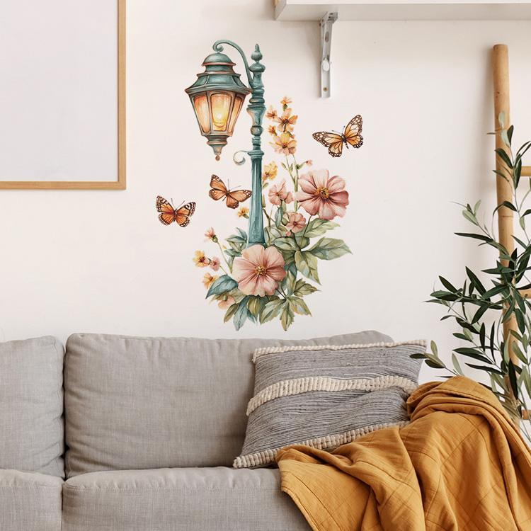 Creative Retro Streetlight Flowers Wall Stickers For Living Room Decor Mural Bedroom Door Home Decoration Self-adhesive Decals