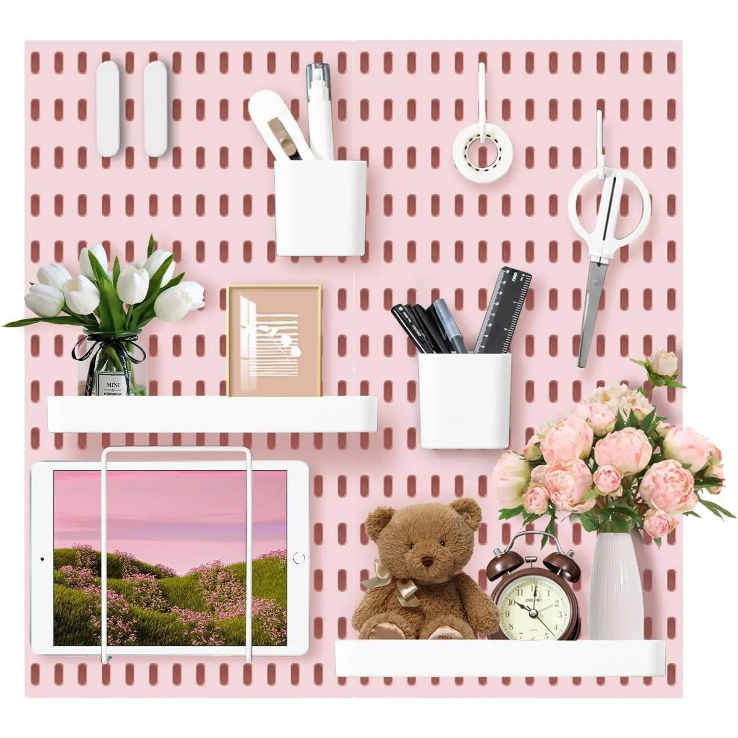 Pegboard Combination Wall Organizer Kit, 4 Pieces Pegboards and 17 Accessories Modular Hanging, Wall Mount Display Peg Board Panel Kits for Bedroom, Home, Office, Bathroom, 22" x 22", Pink