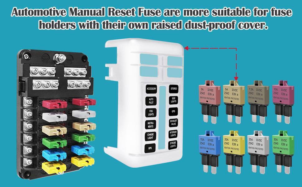 ATM, ATC, ATO Automotive Low-Profile Manual Reset Fuses Suitable For Marine, Truck, RV, SUV, and Motorcycle DC Fuse Kits Automotive Circuit Breaker Fuses Reset Fuses Assortment Kit