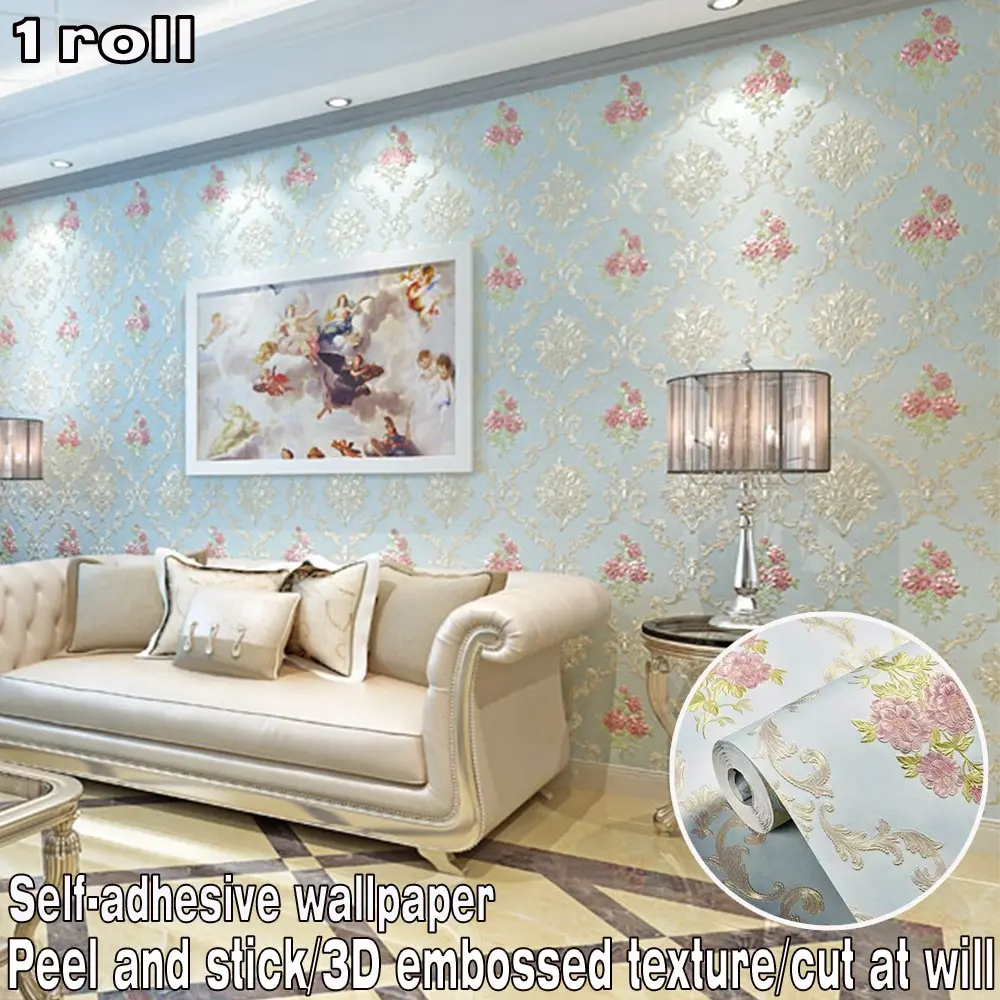 1 roll of European-style floral pattern self-adhesive wallpaper, featuring 3D embossed texture for feature walls. Easy to apply and trim, suitable for wall decoration in bedrooms, living rooms, dining areas and more.