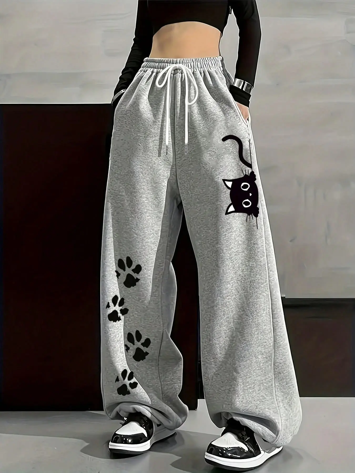 Women's Wide-Leg Sports Sweatpants, Loose Casual Trousers With Cat Head And Paw Prints And Elastic Drawstring Waist, Suitable For Daily Jogging And Streetwear Occasions