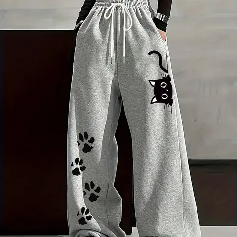 Women's Wide-Leg Sports Sweatpants, Loose Casual Trousers with Cat Head and Paw Prints and Elastic Drawstring Waist, Suitable for Daily Jogging and Streetwear Occasions, Sweatpants Loose Fit