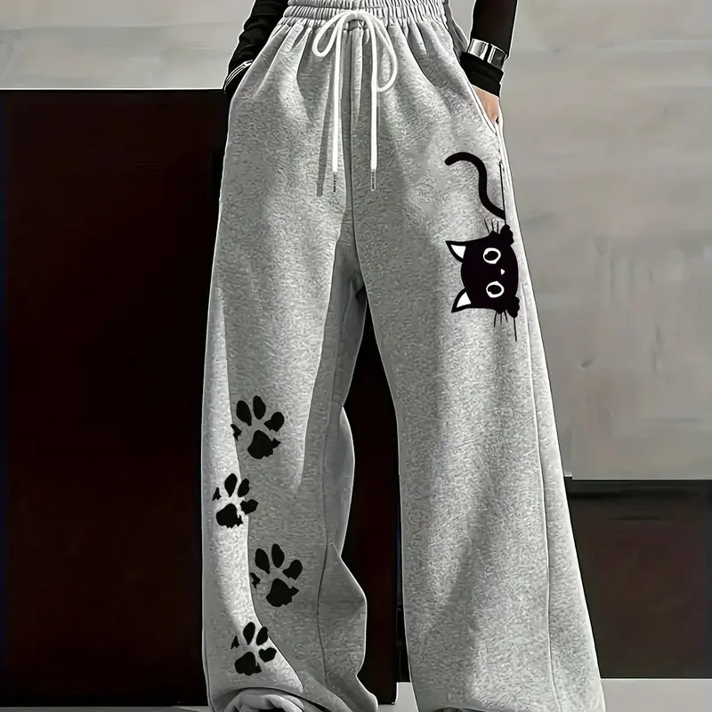 Women's Wide-Leg Sports Sweatpants, Loose Casual Trousers with Cat Head and Paw Prints and Elastic Drawstring Waist, Suitable for Daily Jogging and Streetwear Occasions, Sweatpants Loose Fit