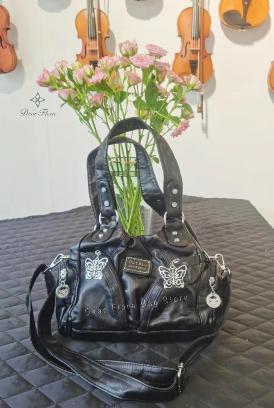 Women's Y2K Vintage Motorcycle Shoulder Bag Fashion Soft PU Chains Multiple Pockets Tote Bags Moto Style Messenger Crossbody Bag