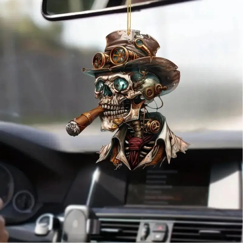 2pcs 2D Acrylic Smoking Skeleton Ornament - Anime-Style Sports & Outdoor Accessory, Car Rearview Mirror Hanger, Home Keychain, Halloween Party Decoration Gift